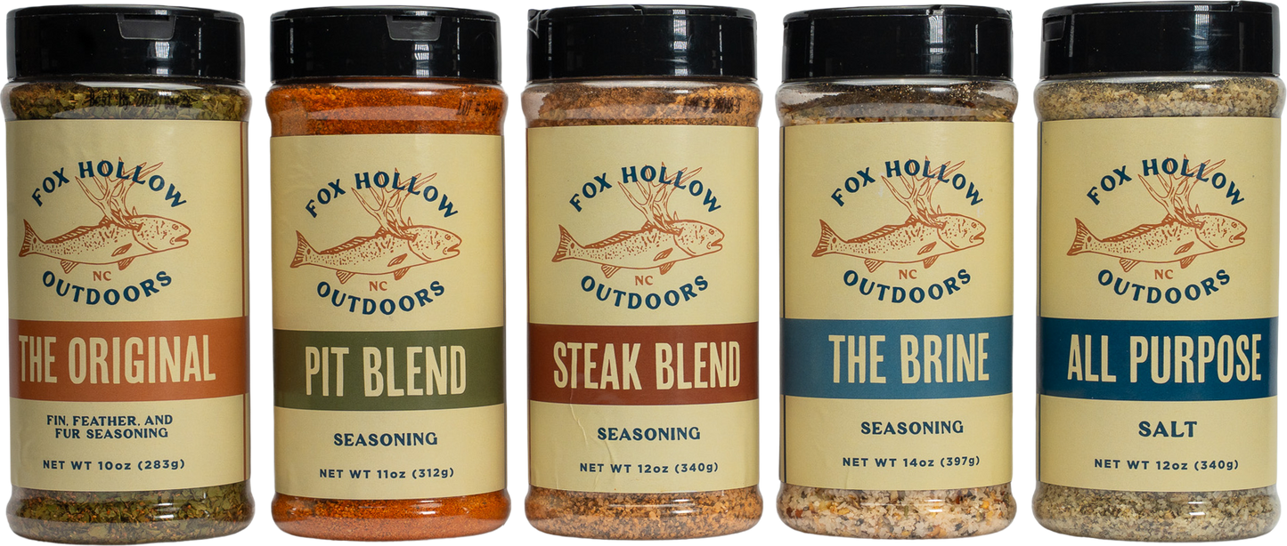 Fox Hollow Outdoors seasoning bundle — five-blend lineup boxed