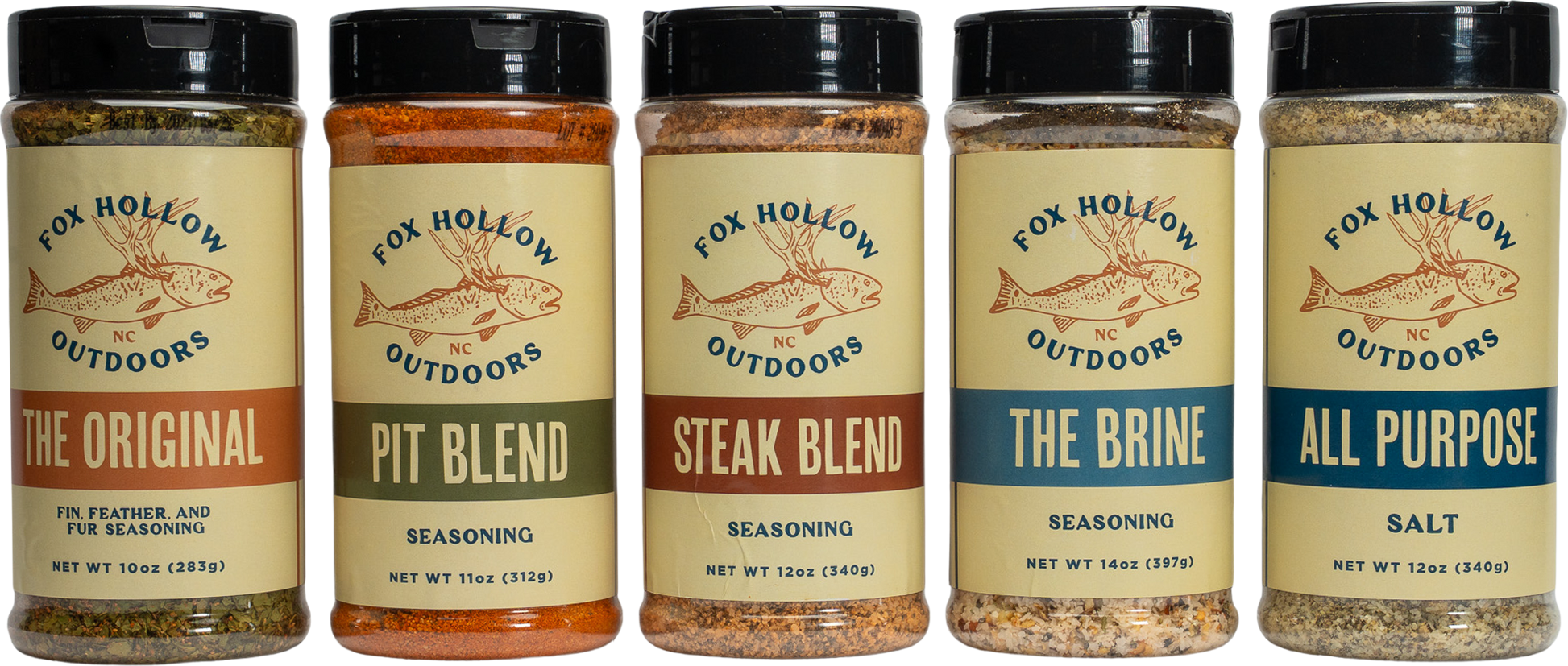 Fox Hollow Outdoors seasoning bundle — five-blend lineup boxed