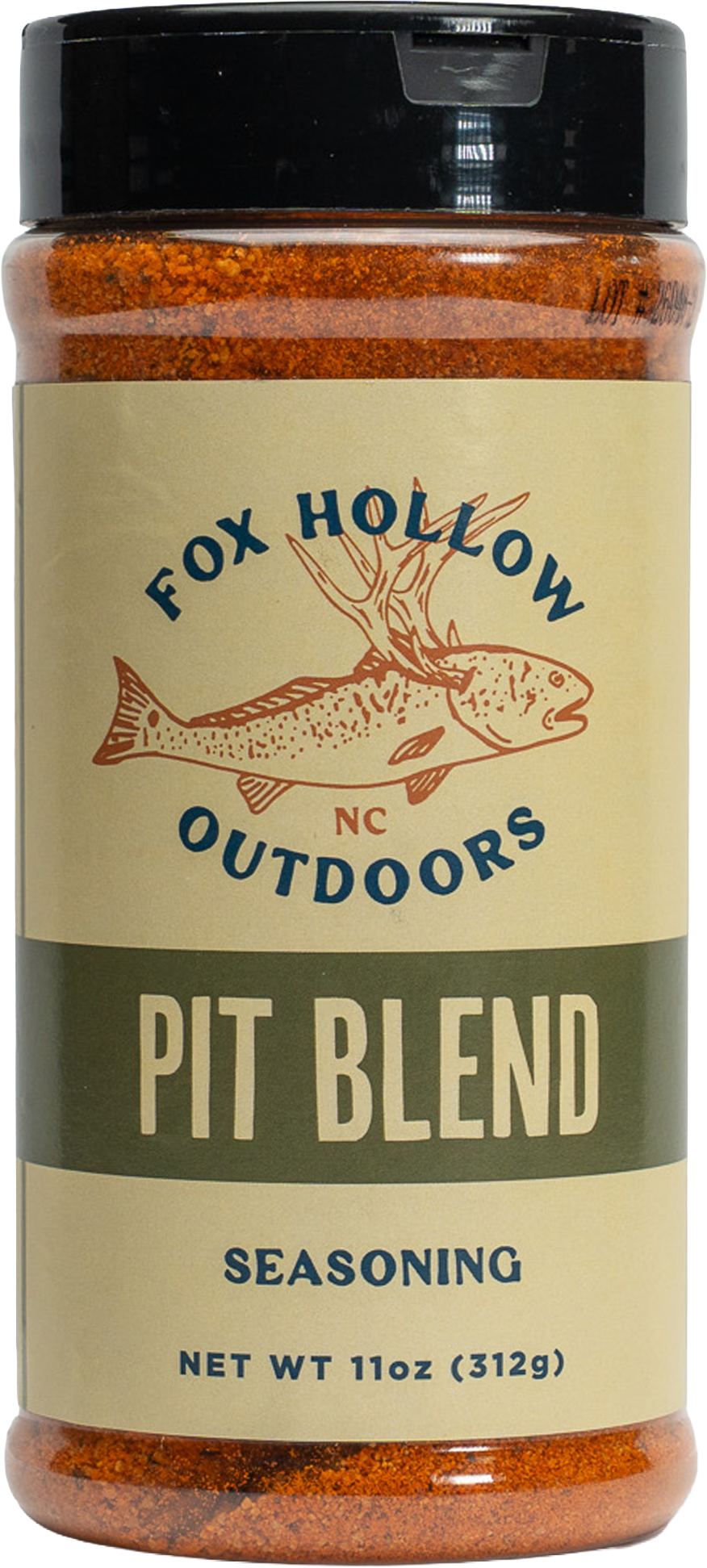 Fox Hollow Pit Blend seasoning, front of bottle