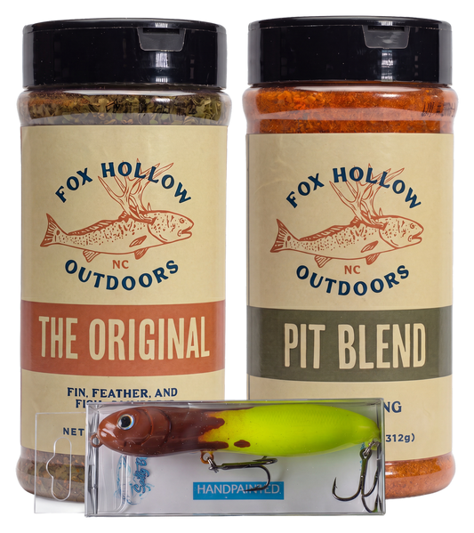 Catch & Cook Bundle - two Fox Hollow seasonings and a Dazzle Peanut topwater
